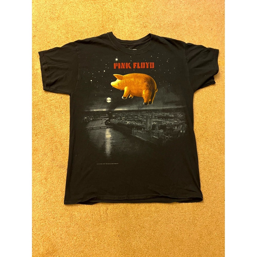 Liquid Blue Pink Floyd Pig Over London T-Shirt Mens L Black Graphic Short Sleeve